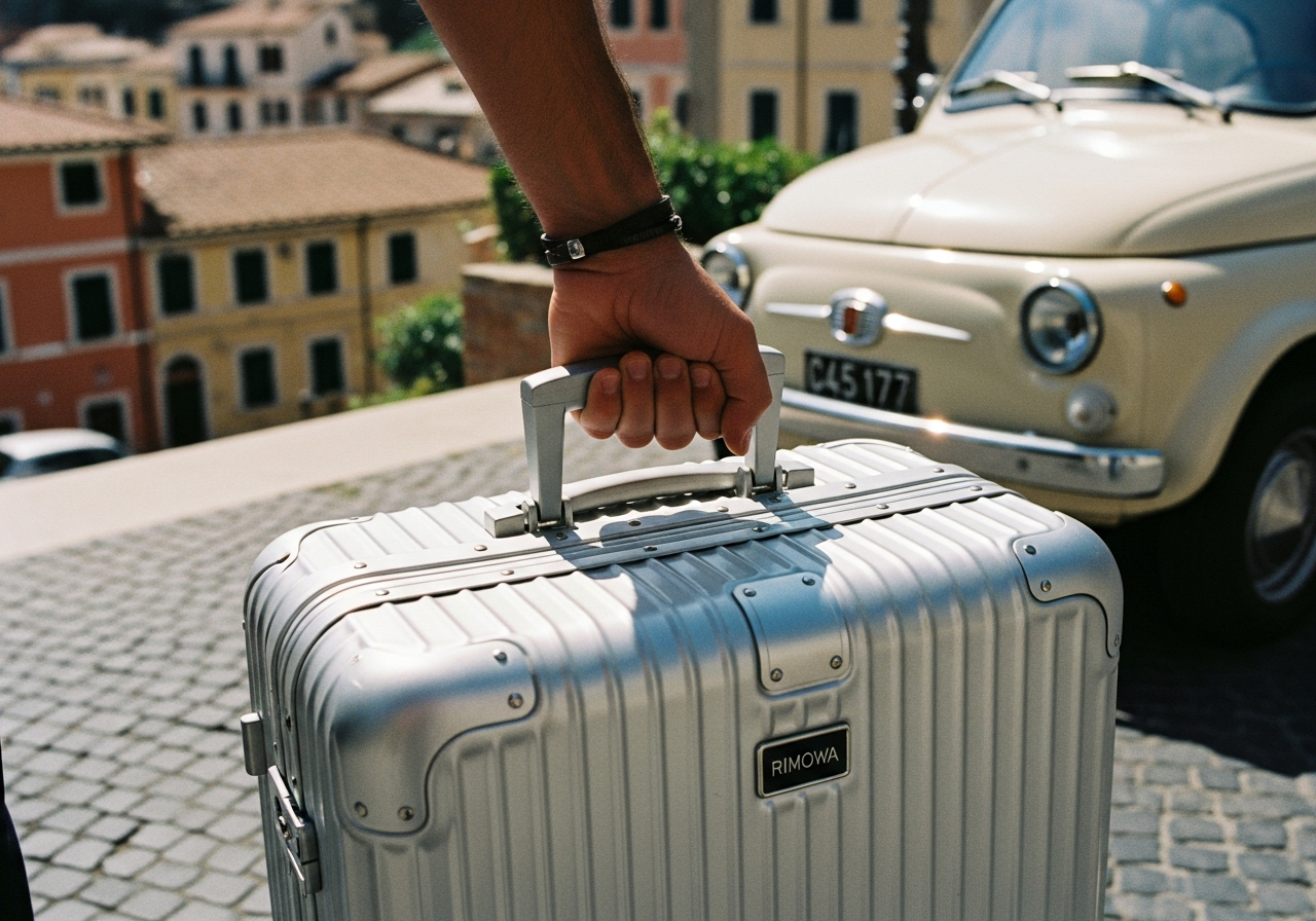 RIMOWAのスーツケースがイタリアの石畳の上にある情景