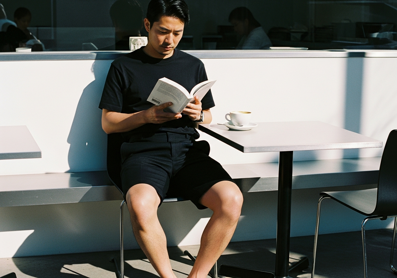 nanamicaのハイブリッドショーツを履いた男性が都会のカフェテラスにいるシーン
