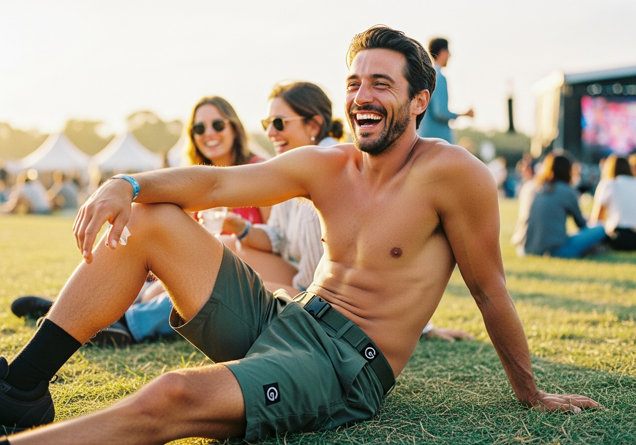 グラミチのシェルギアショーツを履いた男性が夏フェスでくつろぐ様子