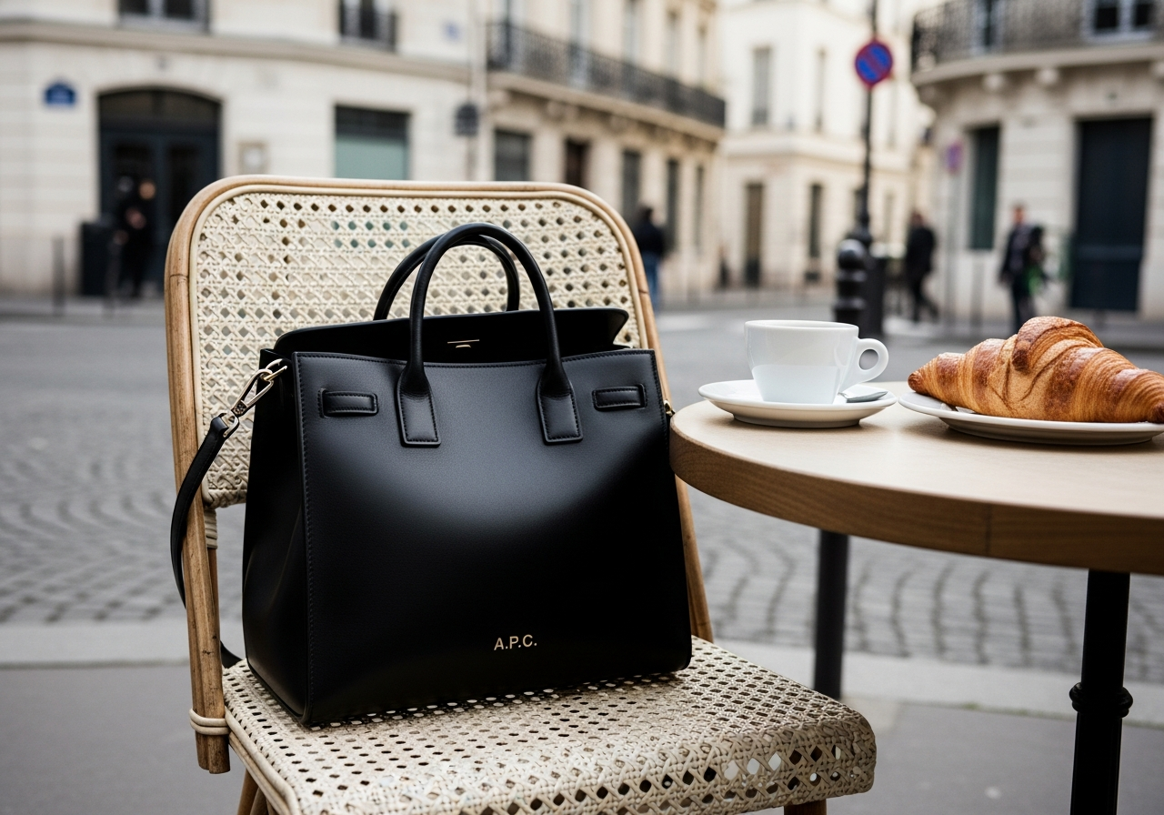 A.P.C.のレザーバッグが、パリのカフェのラタンチェアの上に無造作に置かれている