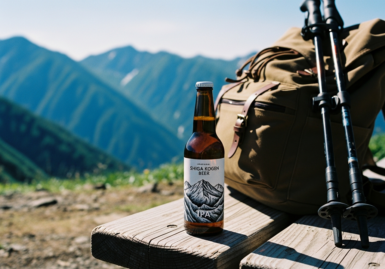 山の景色を背景にした志賀高原ビールのボトル