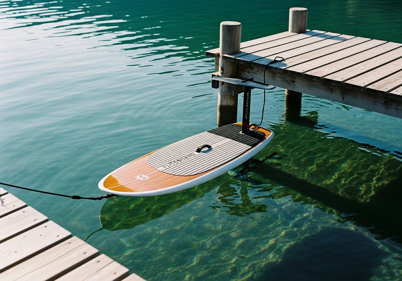 湖畔に置かれたFliteboardのeFoil