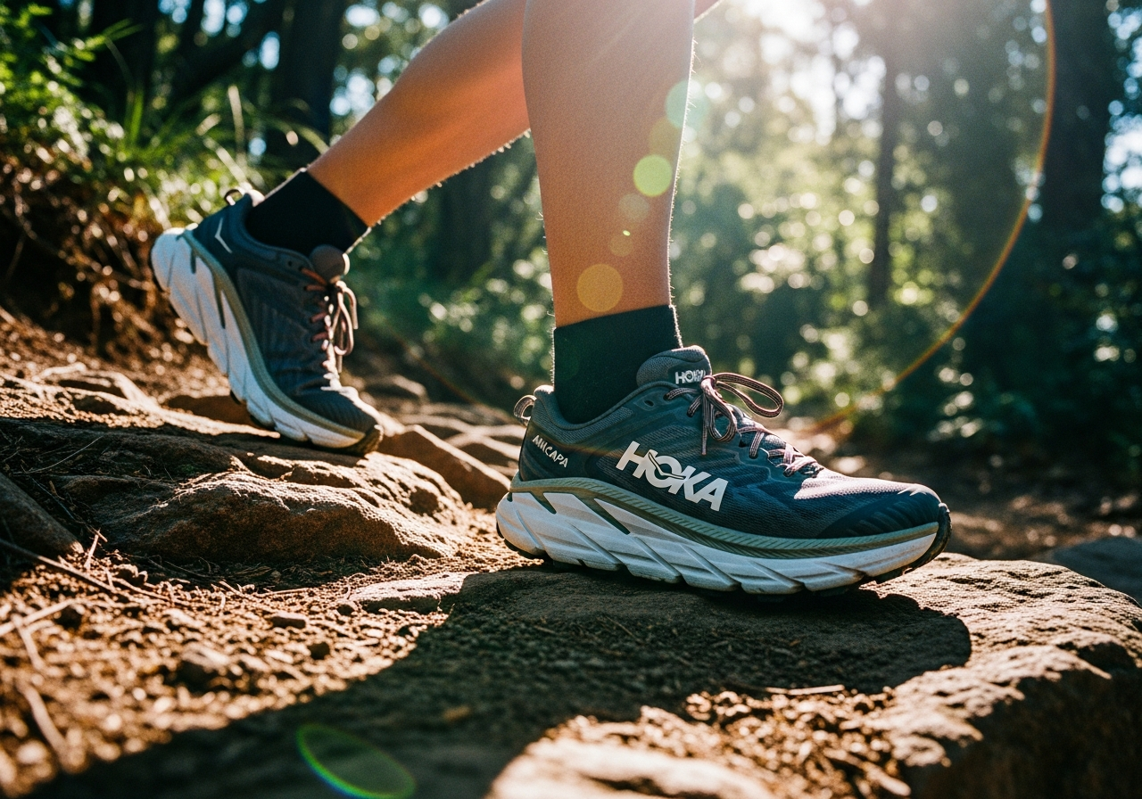 一人のトレッカーが岩場に足をかけ、HOKAのトレッキングシューズの機能性を確かめているシーン