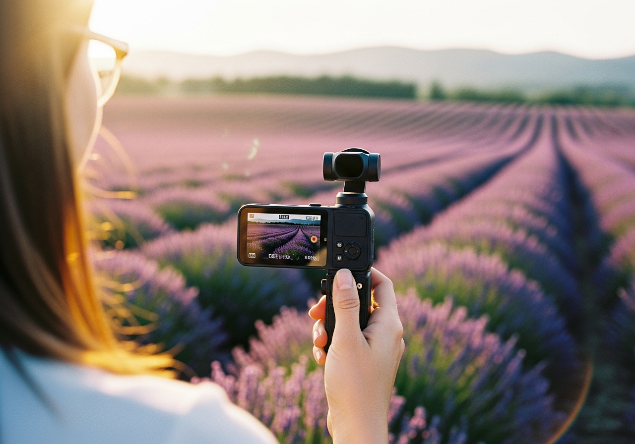 女性の手がDJI Osmo Pocket 3でラベンダー畑を撮影している情景