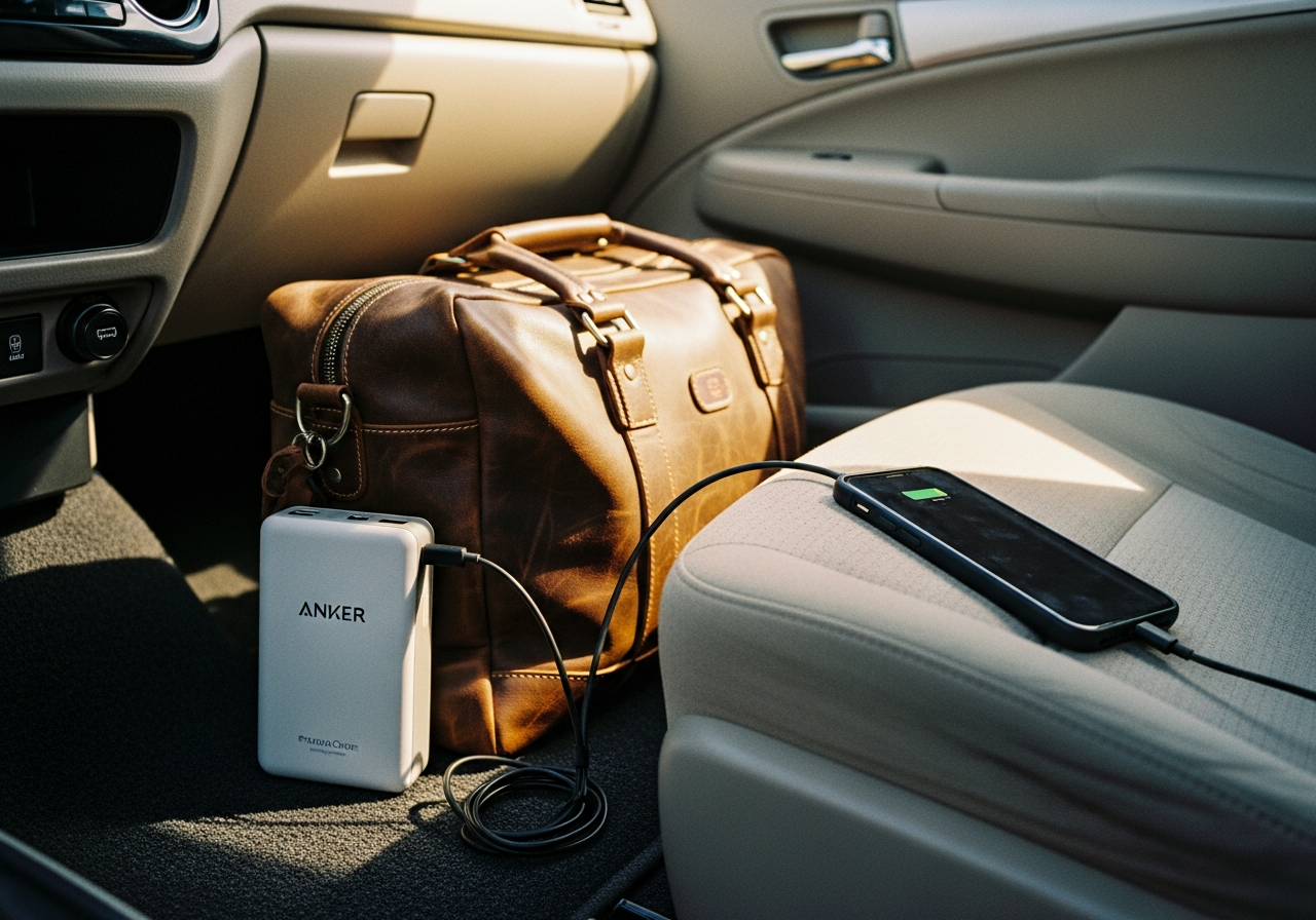 ドライブ中の車内でAnkerのモバイルバッテリーがスマートフォンを充電している情景