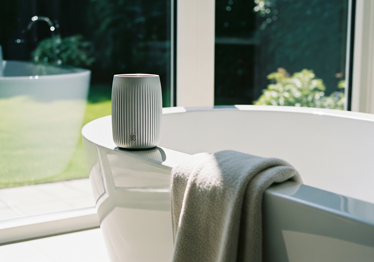 バスタブの縁に置かれたBang & Olufsenのポータブルスピーカー