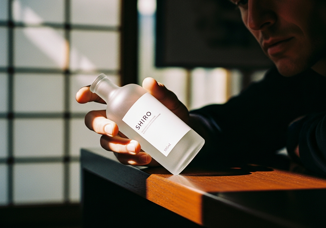 和の要素があるモダンな部屋で、男性の手がSHIROのフロストガラスボトルを優しく持っている