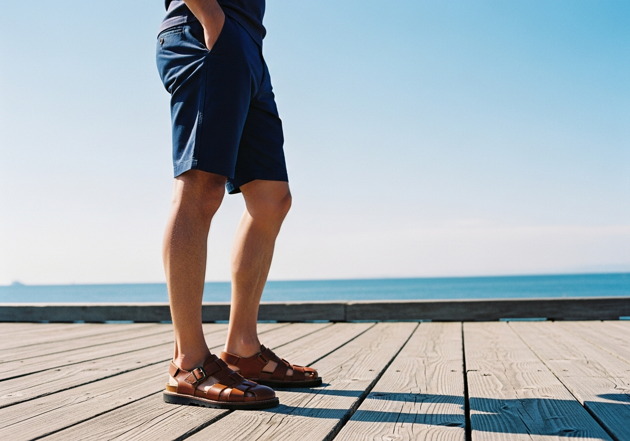 Paraboot PACIFICを履いた男性が、海辺のウッドデッキに立つ足元の写真