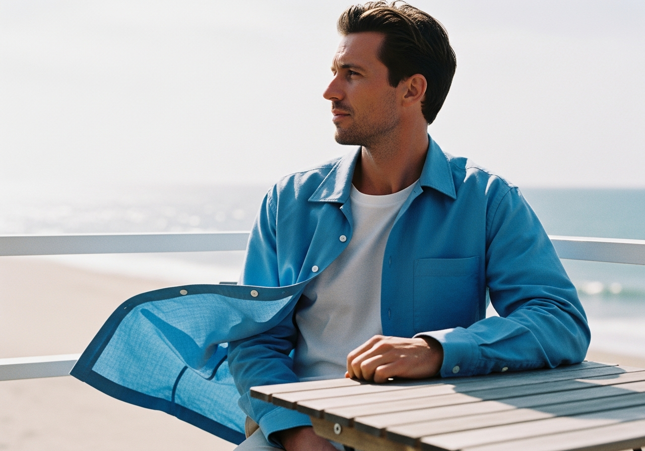 Our Legacyのボックスシャツを羽織り、海沿いのカフェテラスに座る男性