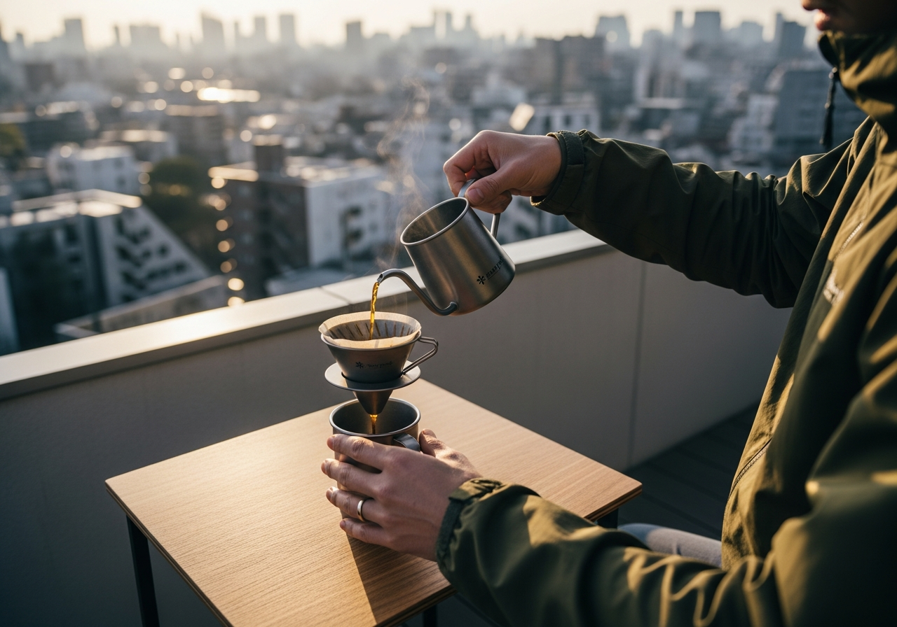 都会のバルコニーでコーヒーを淹れる男性とアウトドアギア