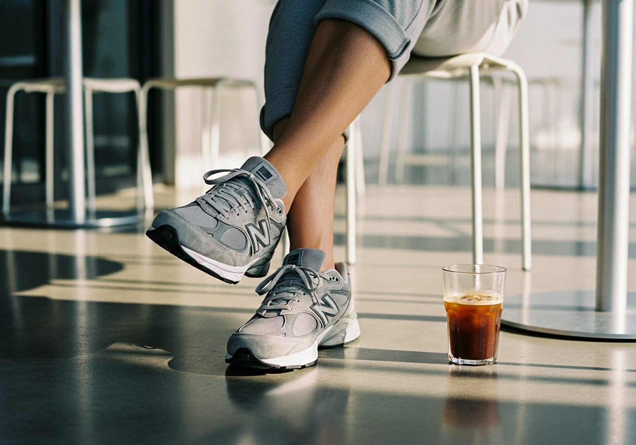New Balance 990v6を履いた男性がミニマルなカフェのテラスに座っている足元のクローズアップ
