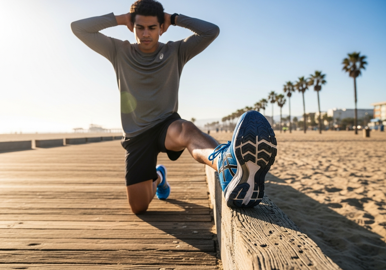 ASICS GEL-NIMBUS 26を履いた男性がサンタモニカのビーチ沿いの遊歩道でストレッチしているシーン