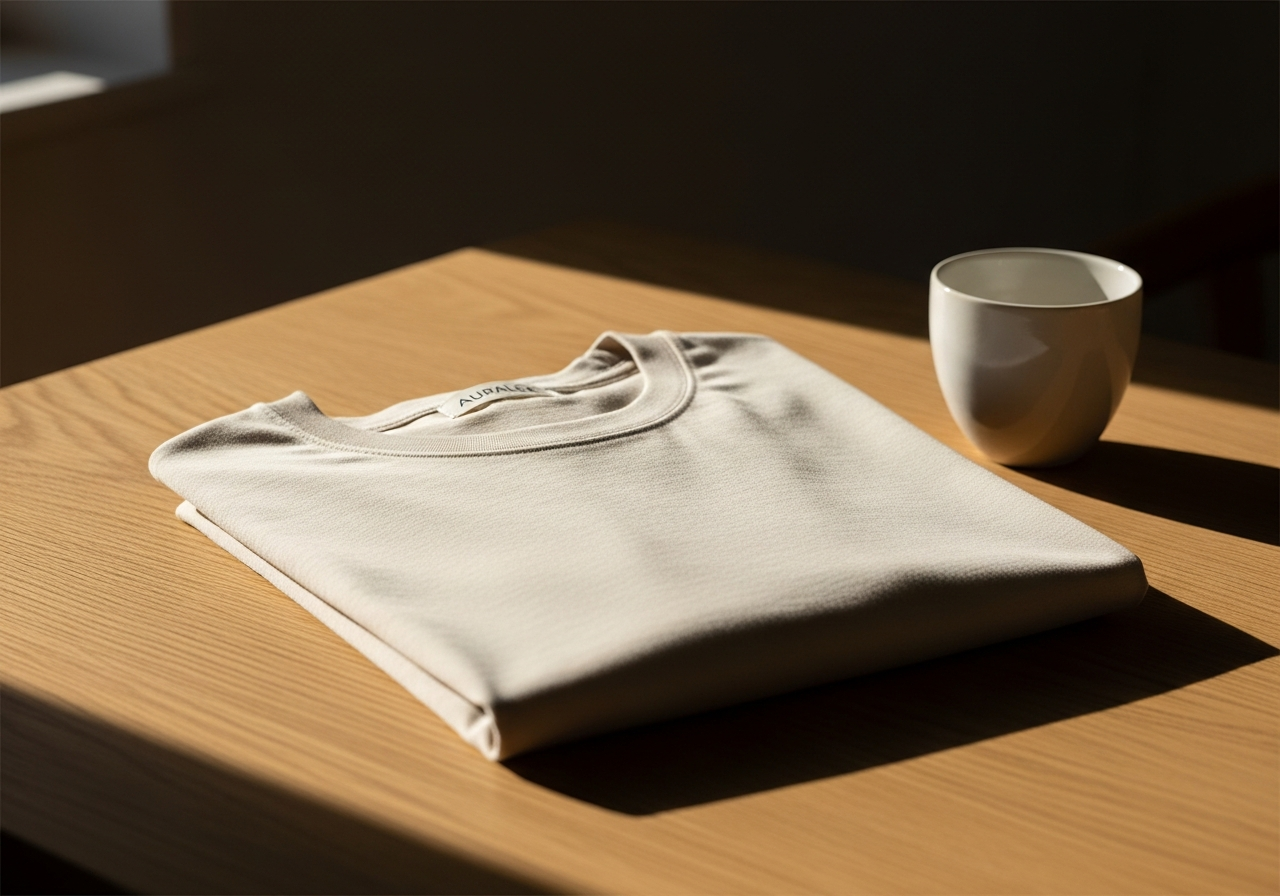 AuraleeのTシャツが置かれた、朝の光が差し込むミニマルな空間