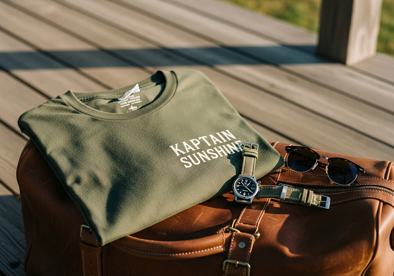 旅支度の革製バッグの上に置かれたKaptain SunshineのTシャツ