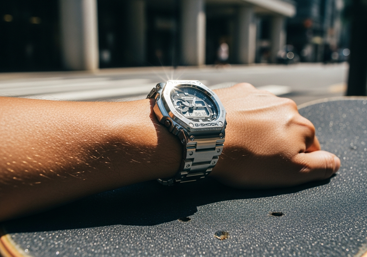 都会のストリートでG-SHOCKをつけた腕元の写真