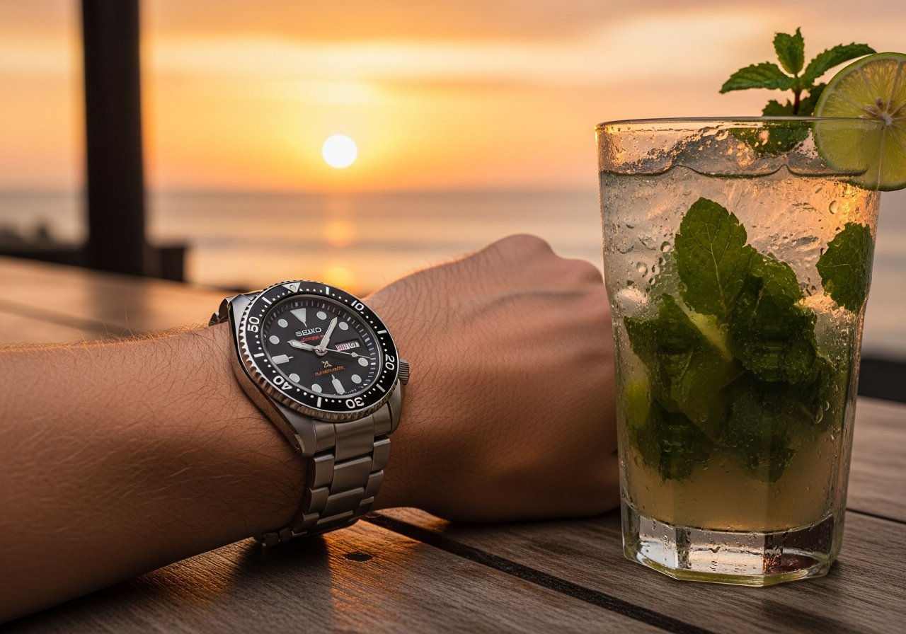 ビーチサイドのバーでSeiko 5 Sportsをつけた腕元の写真