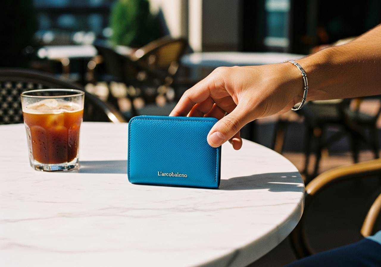 L'arcobalenoのスマートミニウォレットがカフェのテーブルに置かれている情景