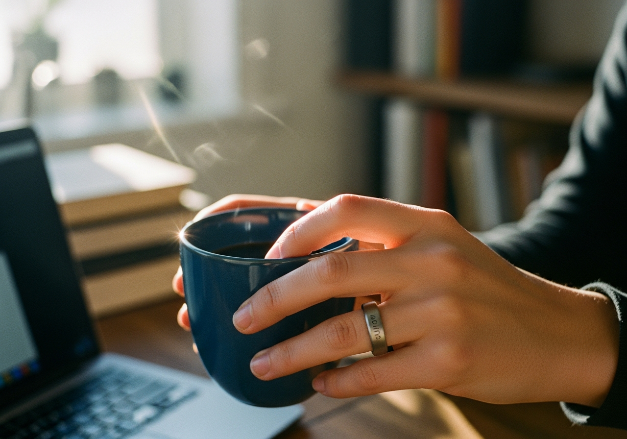 Oura Ringをつけた手がコーヒーカップを持つシーン