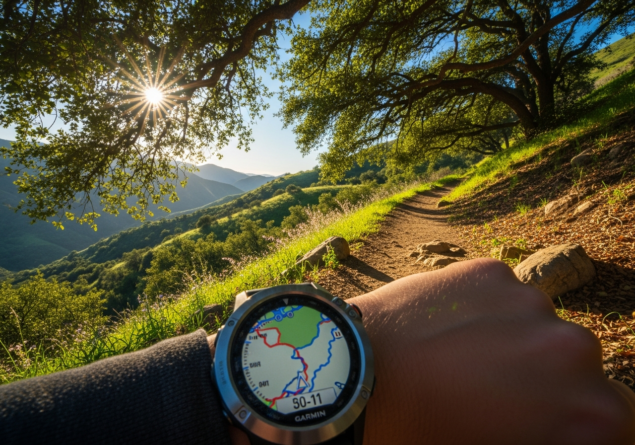 Garminのスマートウォッチをつけた腕がハイキングの地図を表示している