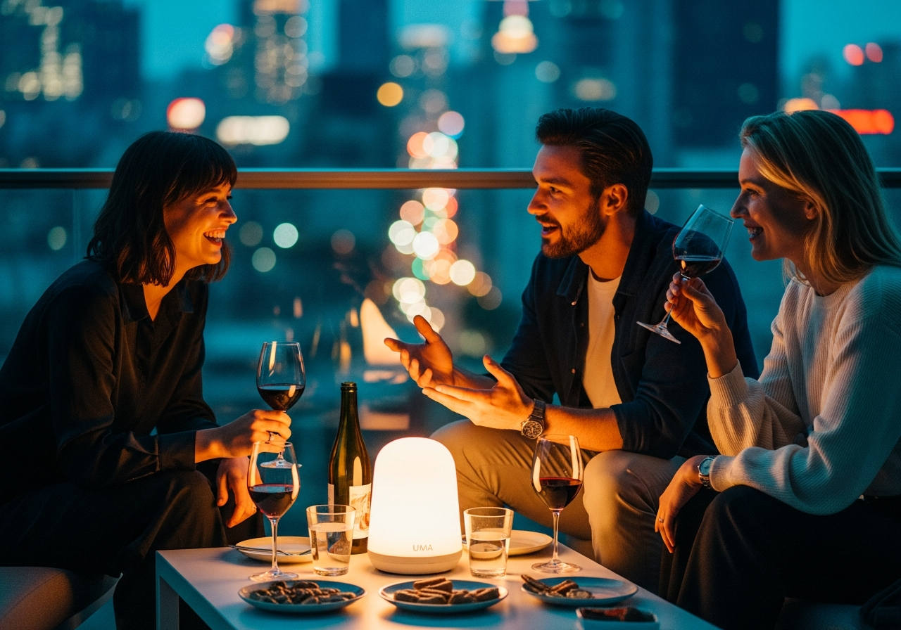 バルコニーで友人たちと過ごす夜の中心にある、光と音を兼ね備えたランプ
