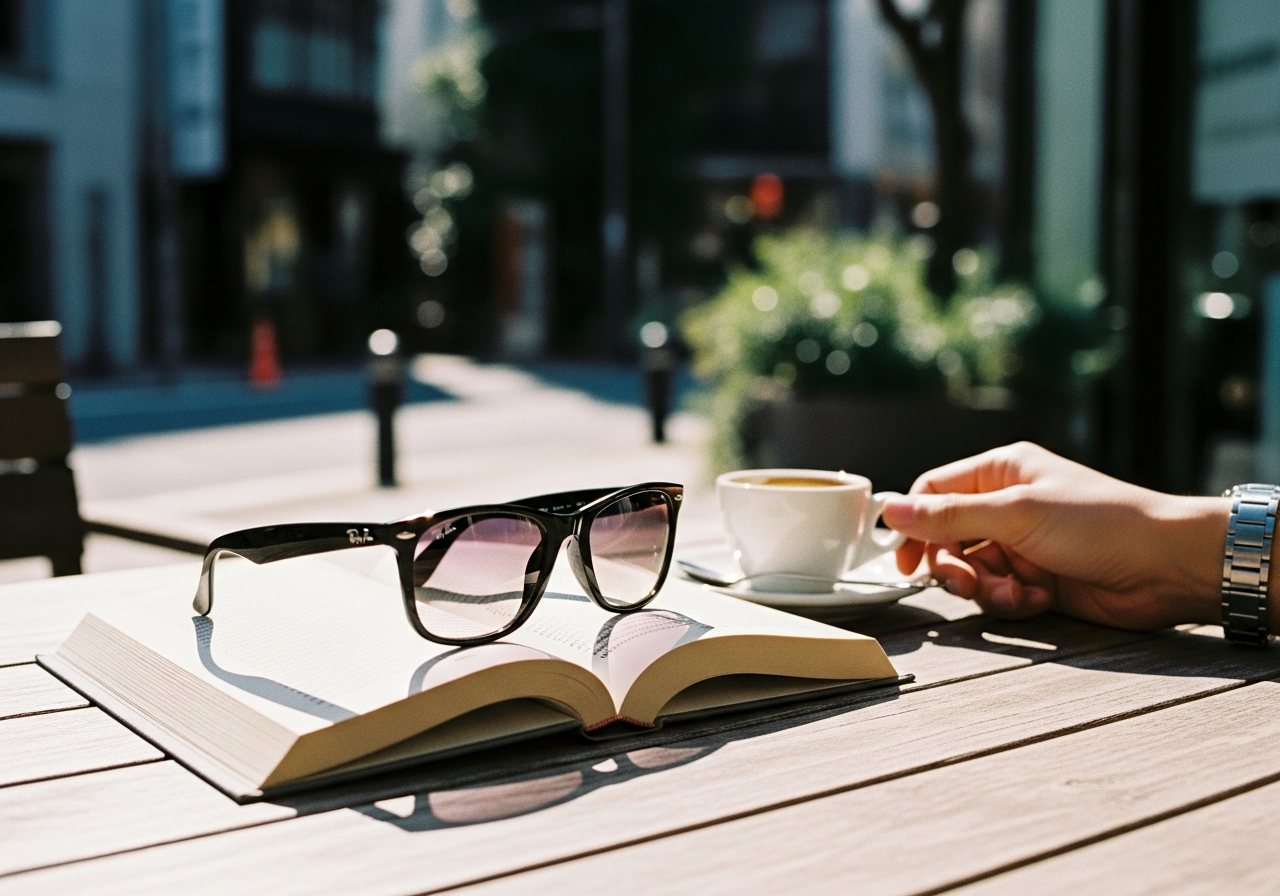 Ray-Ban Wayfarerをかけた男性が、都市のカフェテラスでくつろいでいる様子