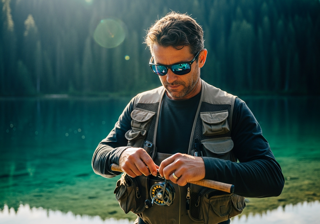 Oakley Holbrookを着用した人物が湖畔でアクティビティを楽しんでいる様子
