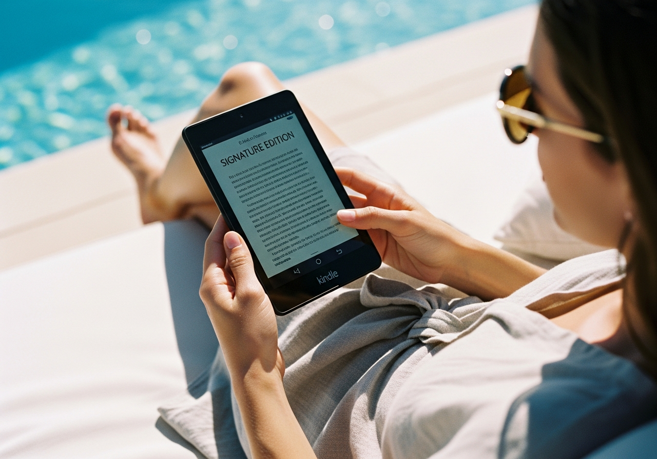 プールサイドのデイベッドでリラックスしながらKindleを読む女性