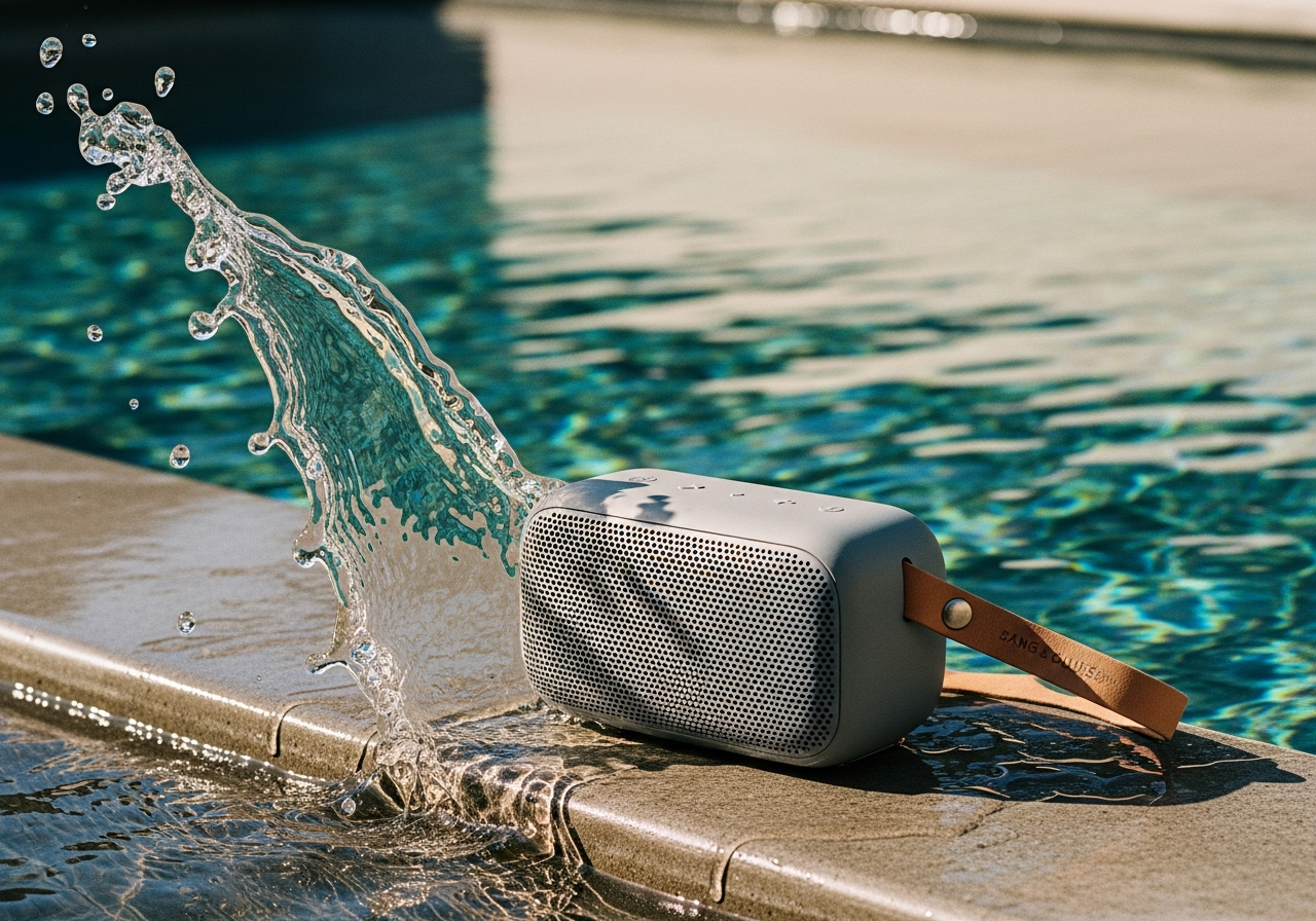 プールの水際に置かれたBang & Olufsenの防水スピーカー