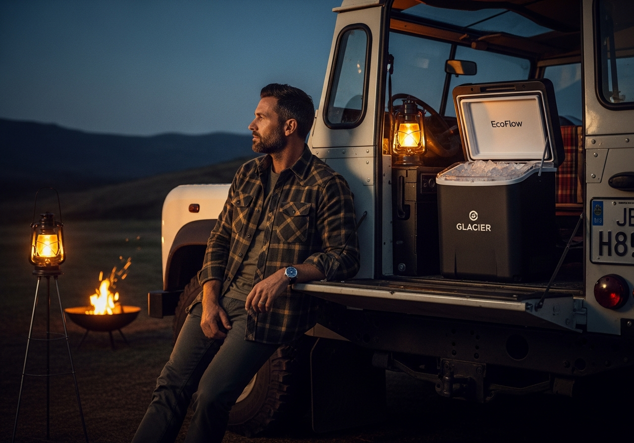 ヴィンテージカーの荷台に置かれたEcoFlow GLACIER