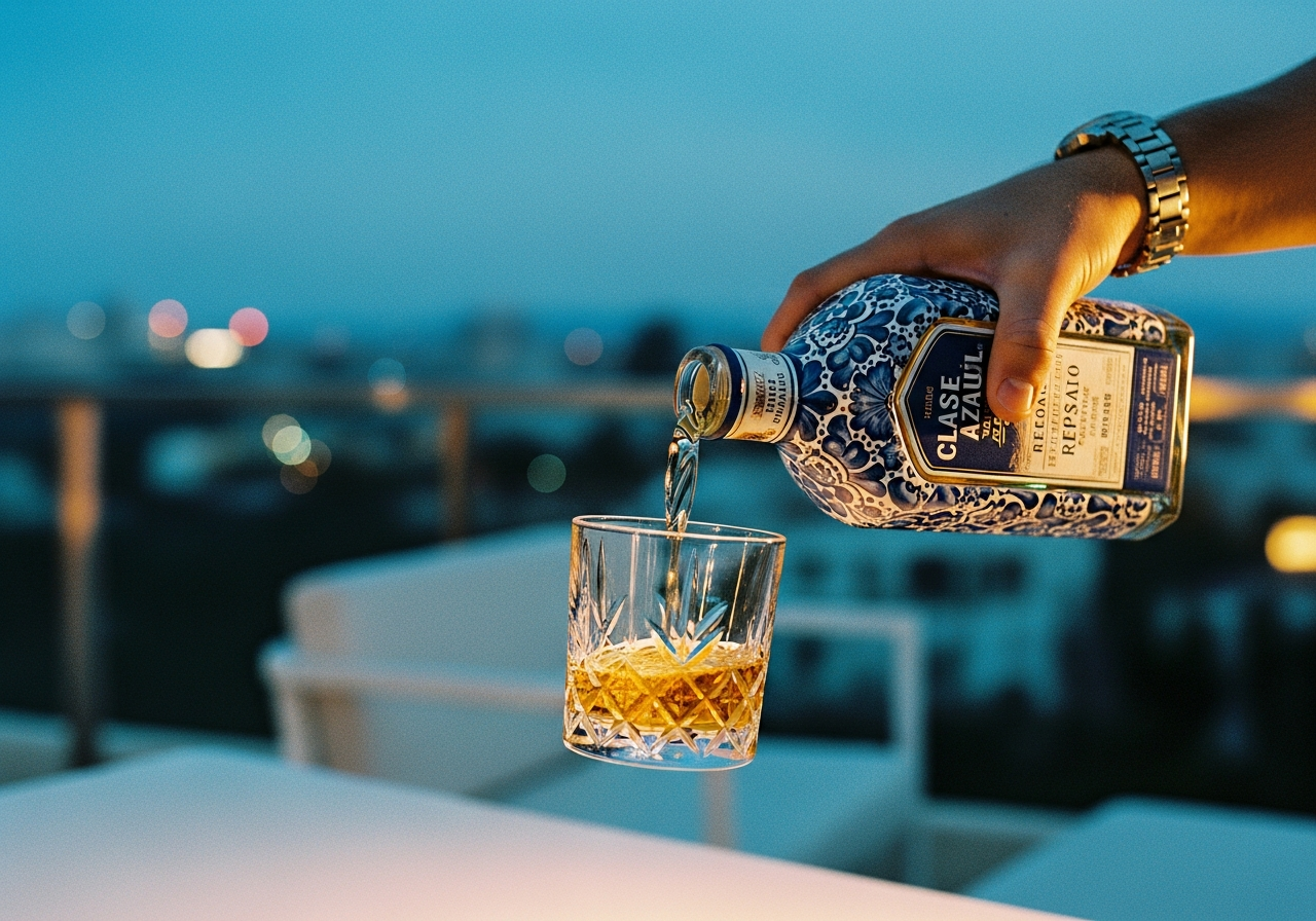 青と白の美しいセラミックボトルに入ったテキーラが、夕暮れのルーフトップバーのカウンターに置かれている情景