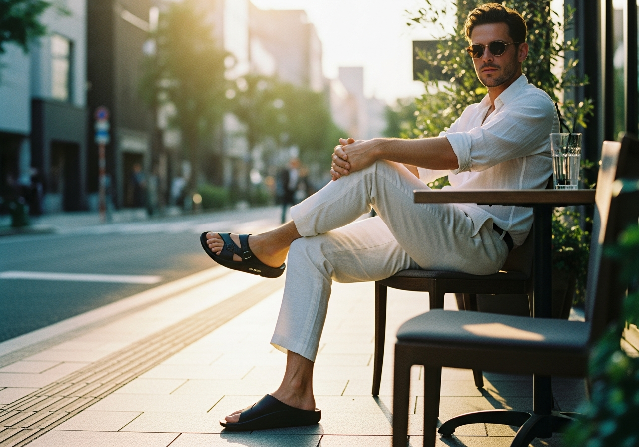 リカバリーサンダルを履いた男性がカフェテラスでくつろいでいる様子