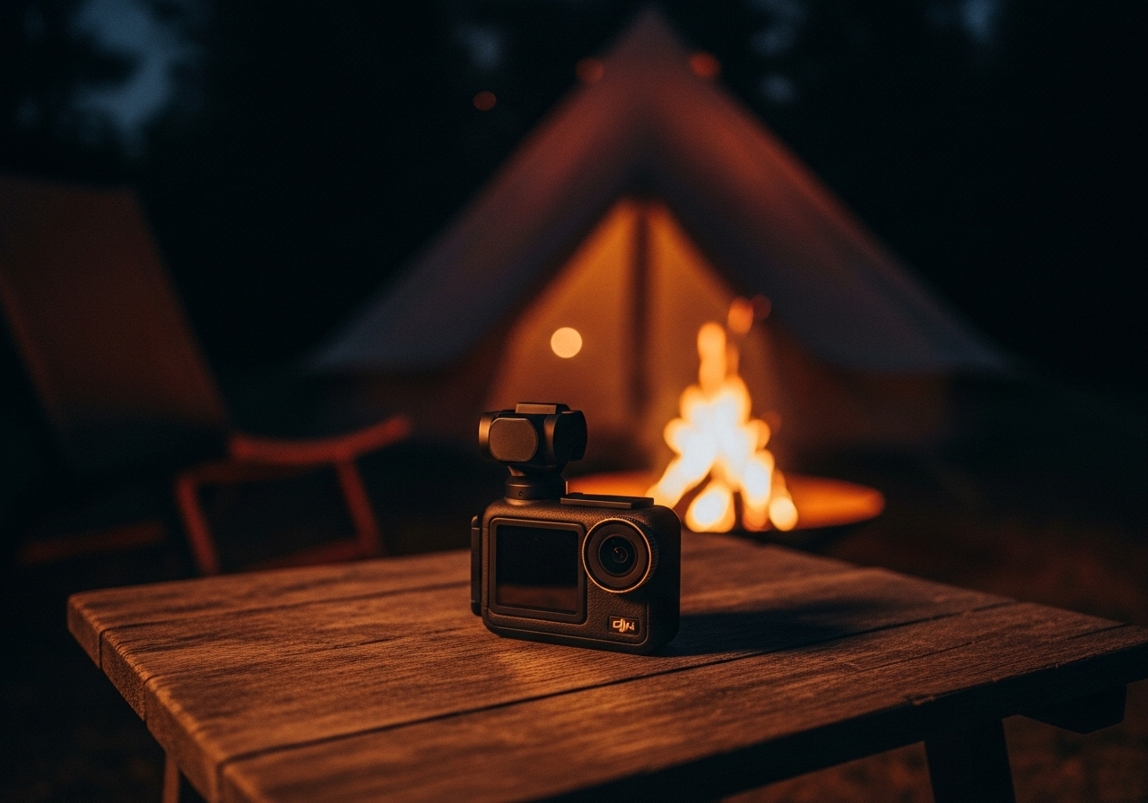 キャンプの焚き火のそばに置かれたDJI Osmo Action 4