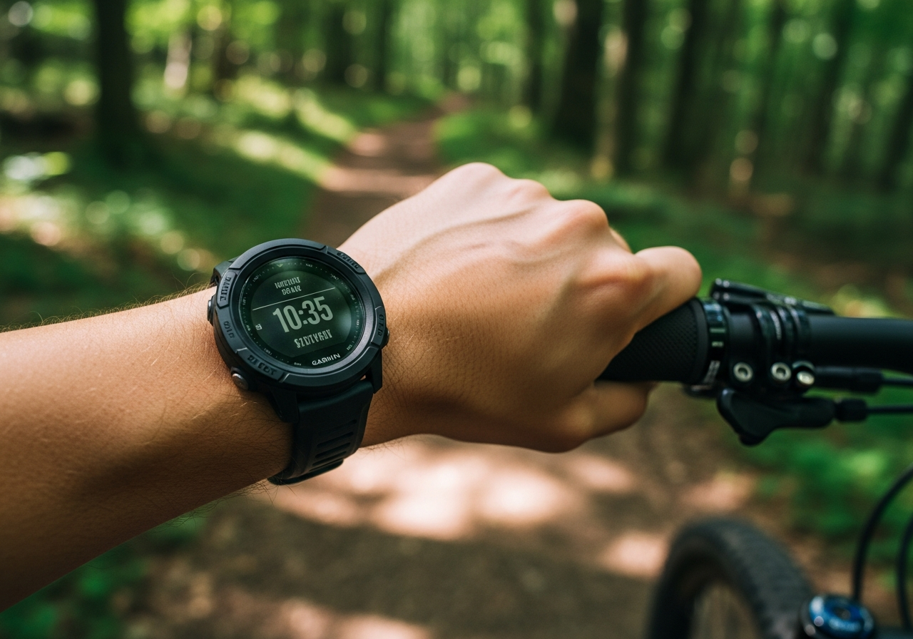 マウンテンバイクのハンドルを握る手首に装着されたGarmin Instinct 2X Solar