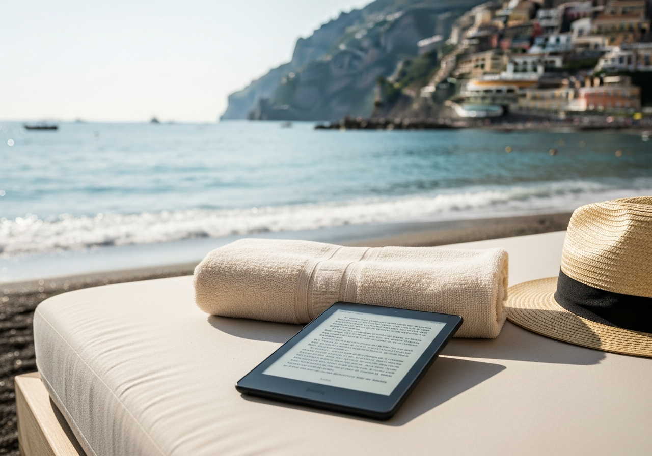 ビーチのデイベッドに置かれたKindle Paperwhite