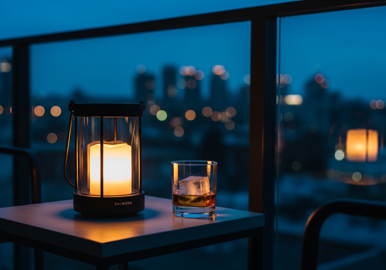 バルコニーのテーブルに置かれたBALMUDA The Lantern
