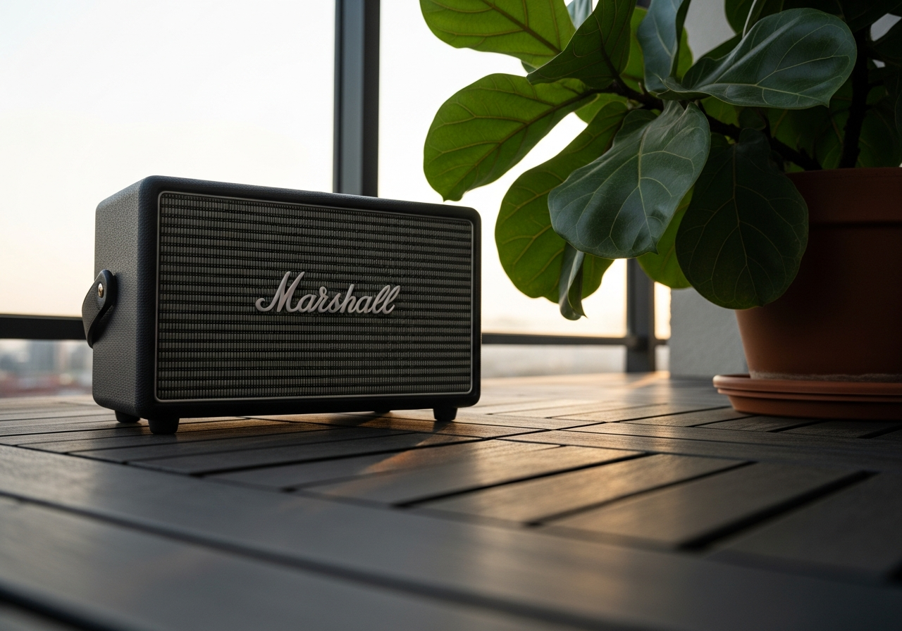 ウッドデッキに置かれたMarshallのポータブルスピーカー