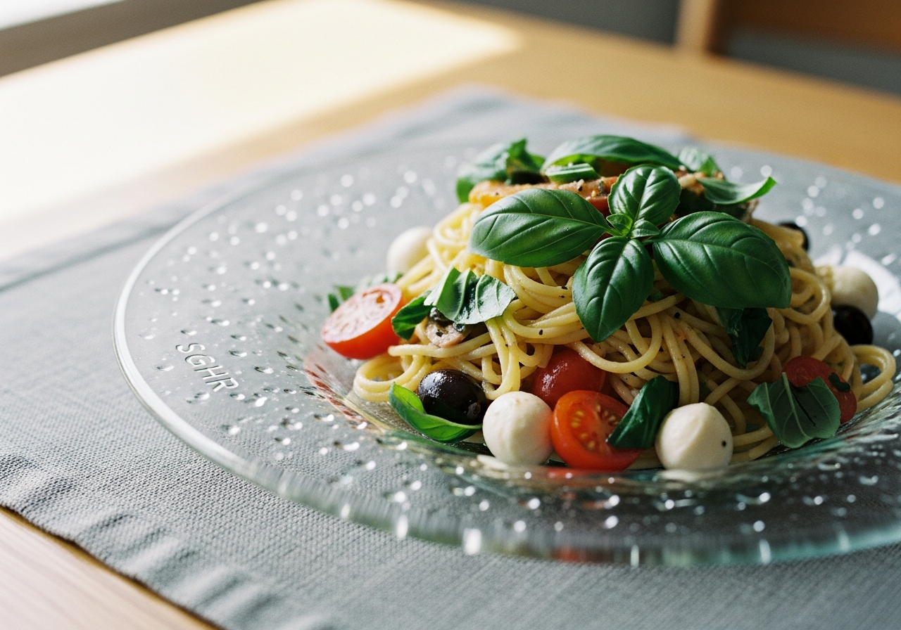 ガラスのプレートに冷製パスタが盛り付けられている様子