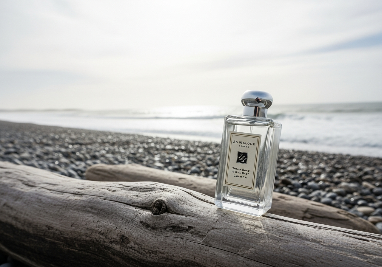 Jo Malone LondonのWood Sage & Sea Salt Cologneが置かれた、流木のある海岸の情景