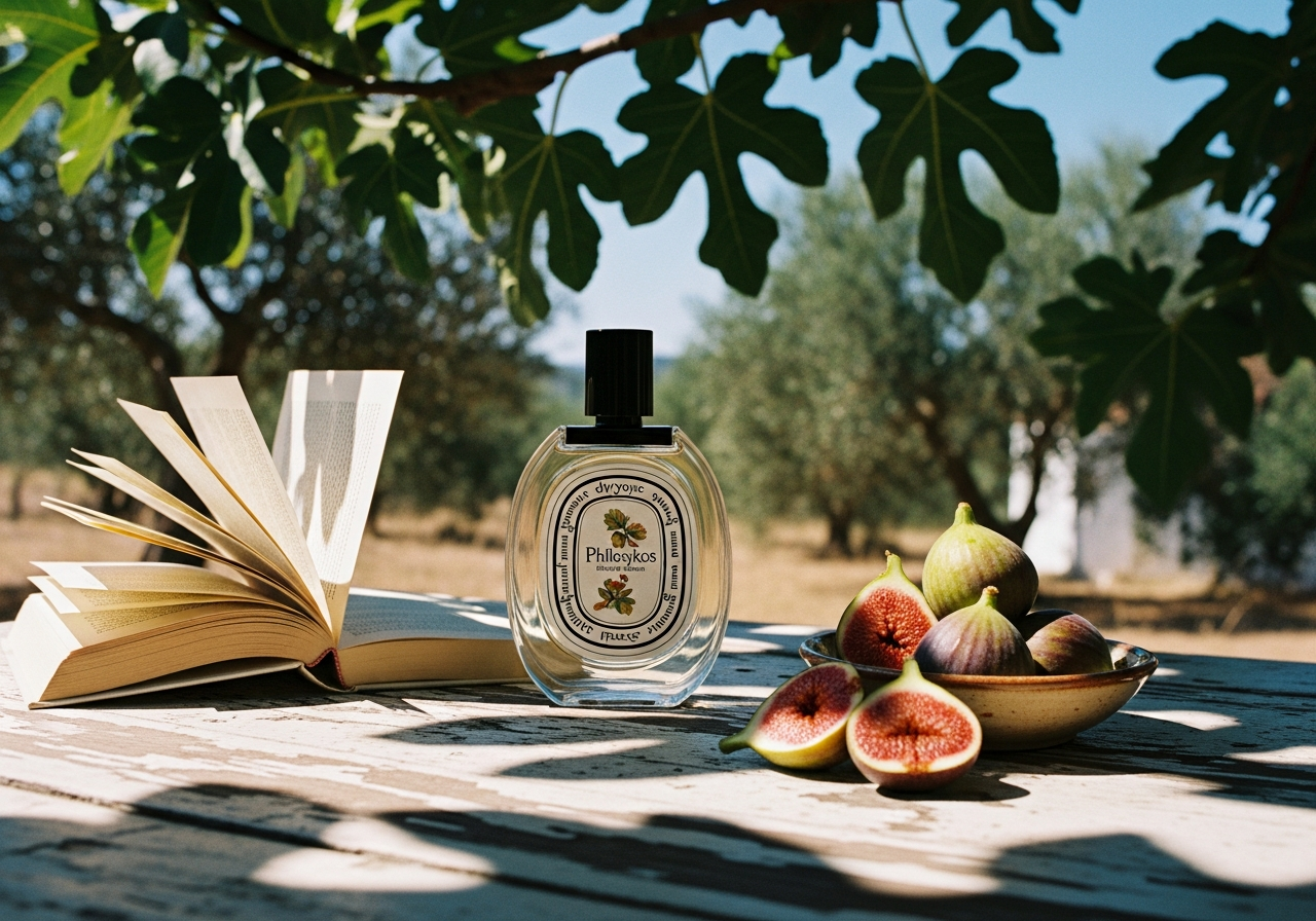 DiptyqueのPhilosykosがイチジクの木陰のテーブルに置かれている情景