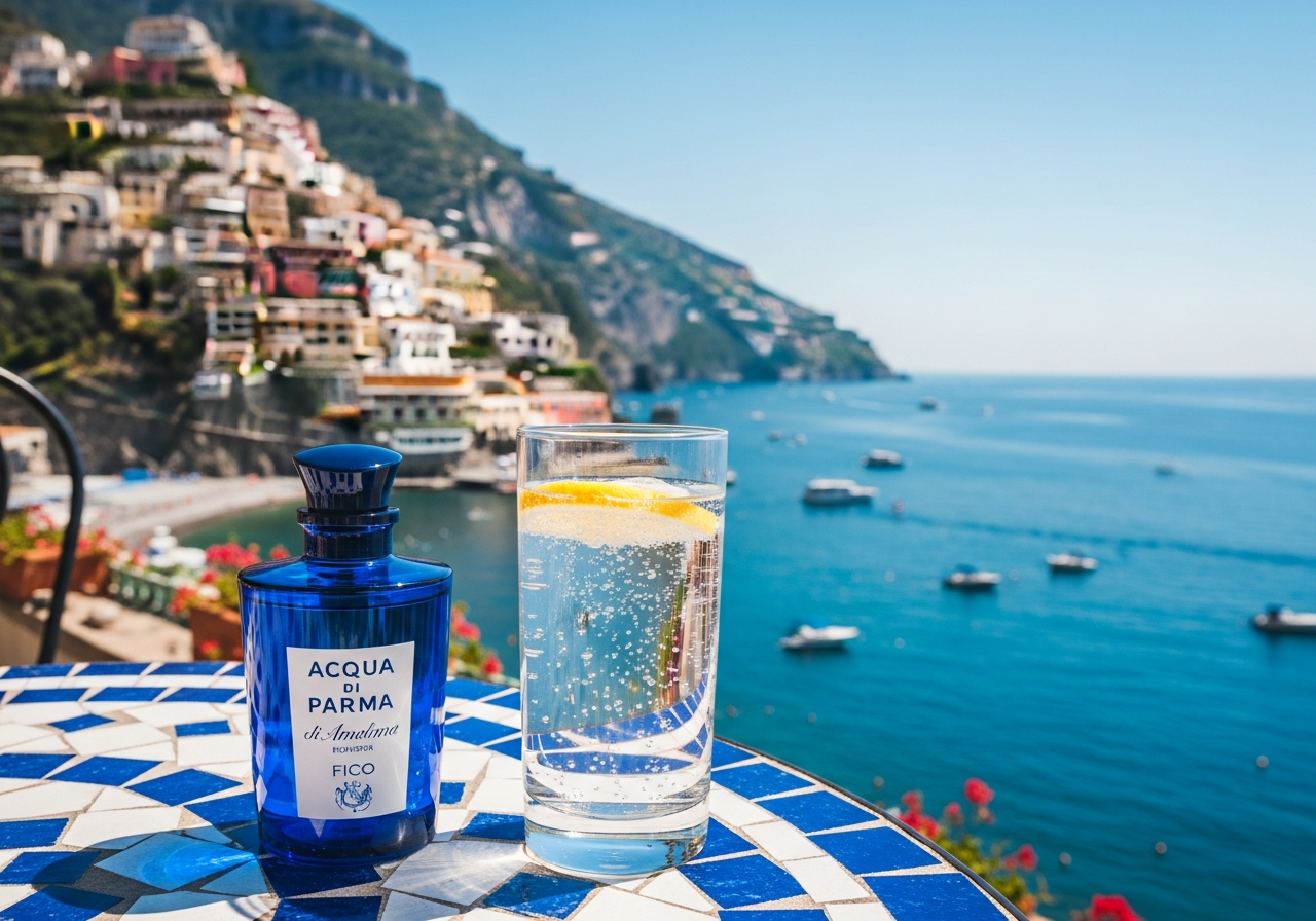 Acqua di ParmaのFico di Amalfiが地中海を望むテラスに置かれている情景