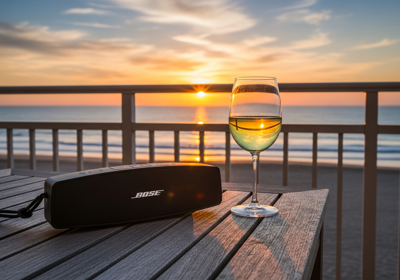 黒いポータブルスピーカーが、夕暮れの穏やかなビーチを見下ろすホテルのバルコニーのテーブルに置かれている様子