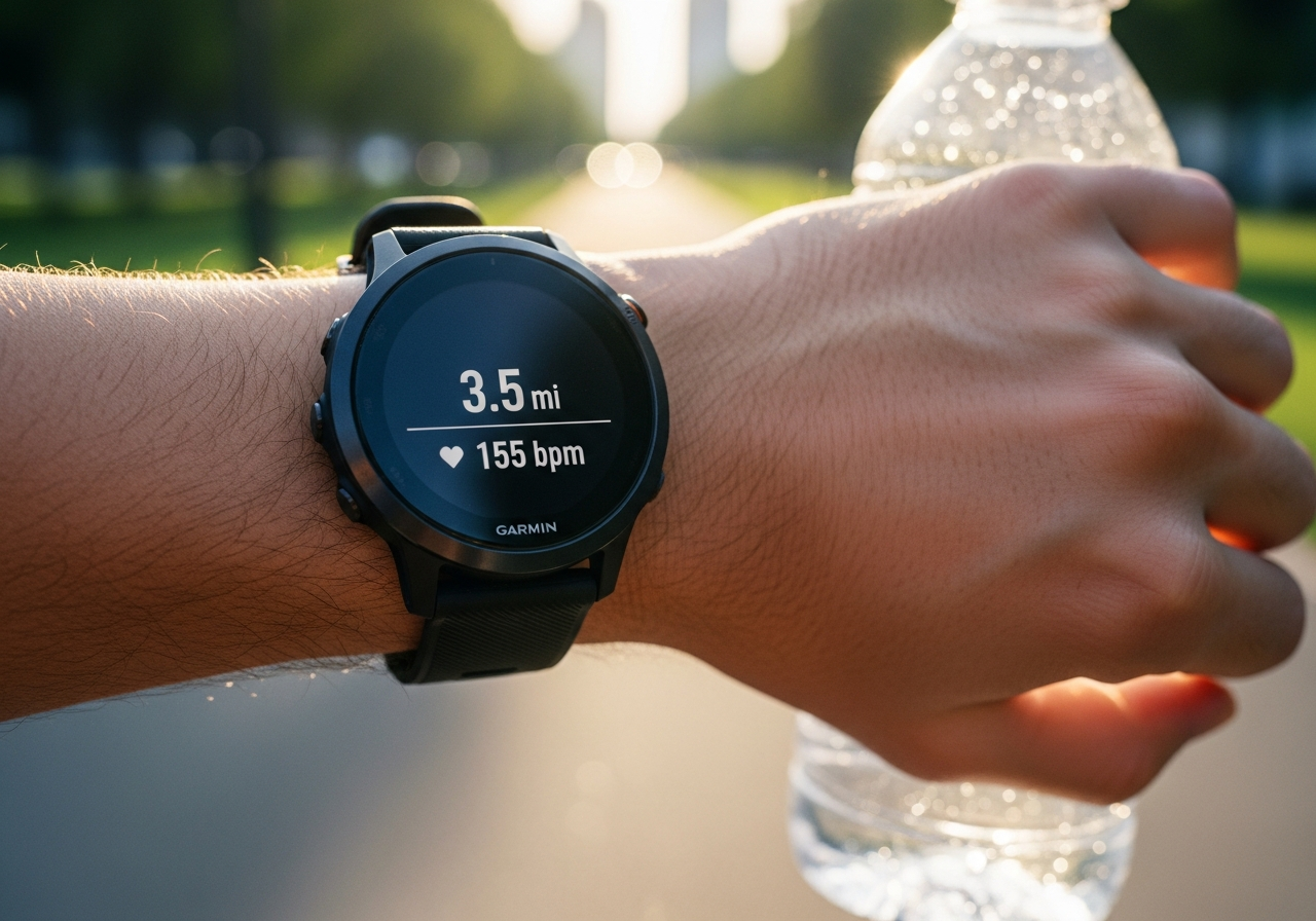 室内のヨガマットと傍らに置かれたGarminのスマートウォッチ