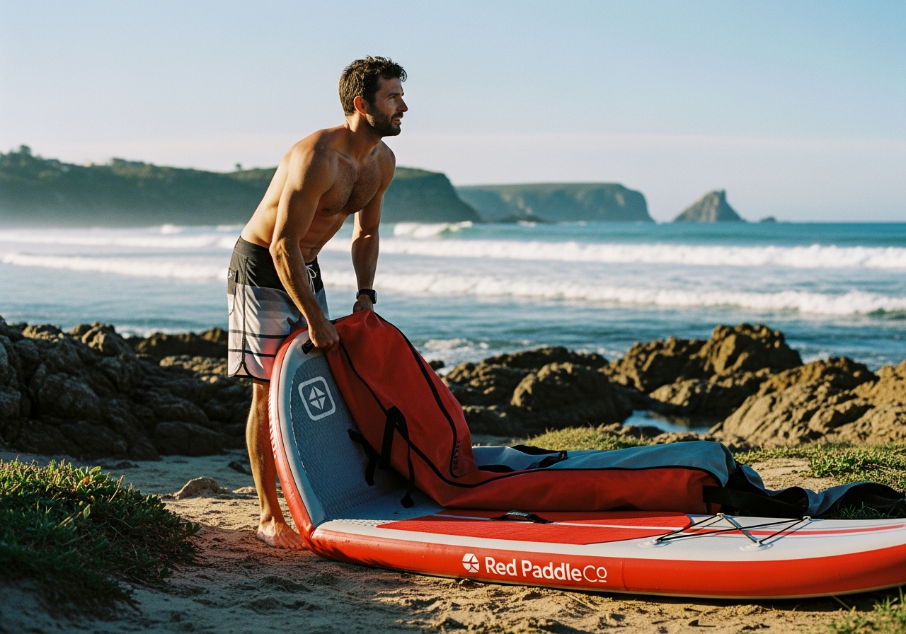 Red Paddle CoのインフレータブルSUPボードを海辺で準備する男性