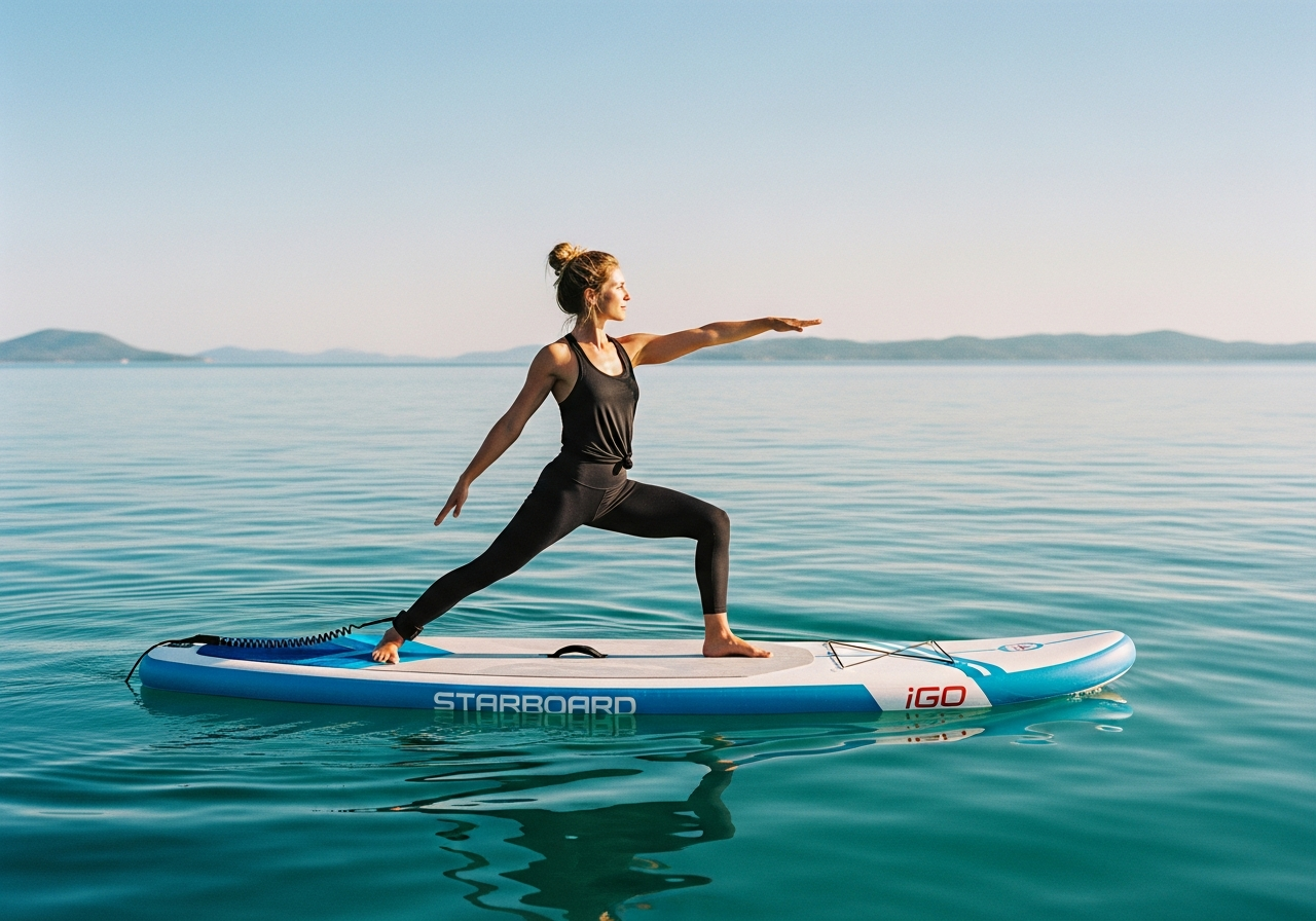Starboardの安定性の高いSUPボードの上でヨガをする女性