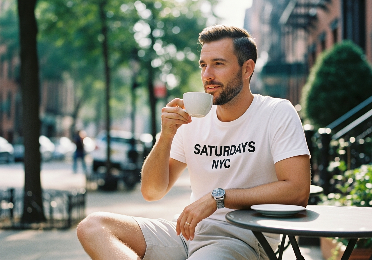 都会のカフェでSaturdays NYCのTシャツを着てリラックスする男性