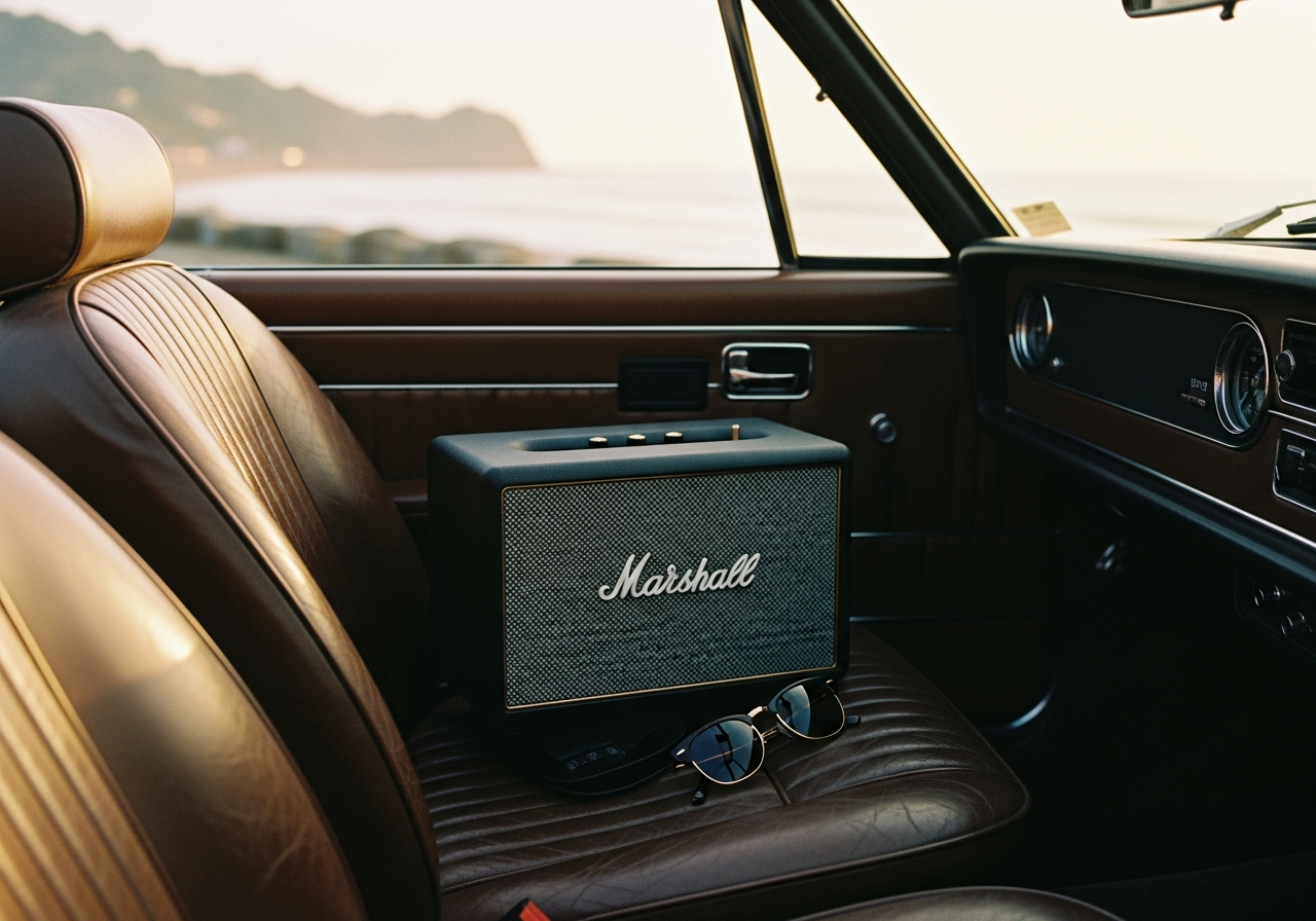 ヴィンテージカーの助手席に置かれたMarshallのスピーカー