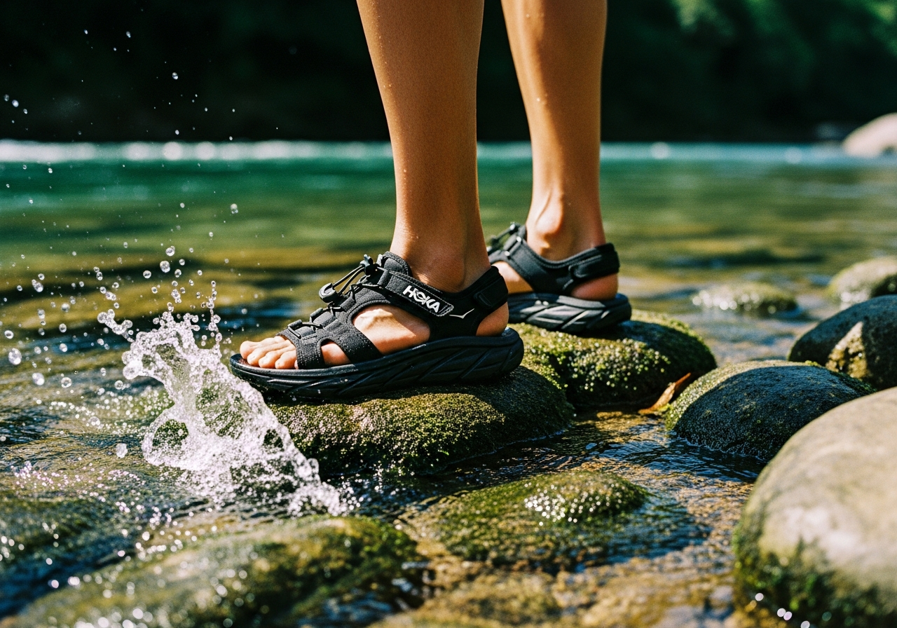 西表島の川辺の岩場に立つ人物の足元。HOKAのウォーターサンダルが写っている