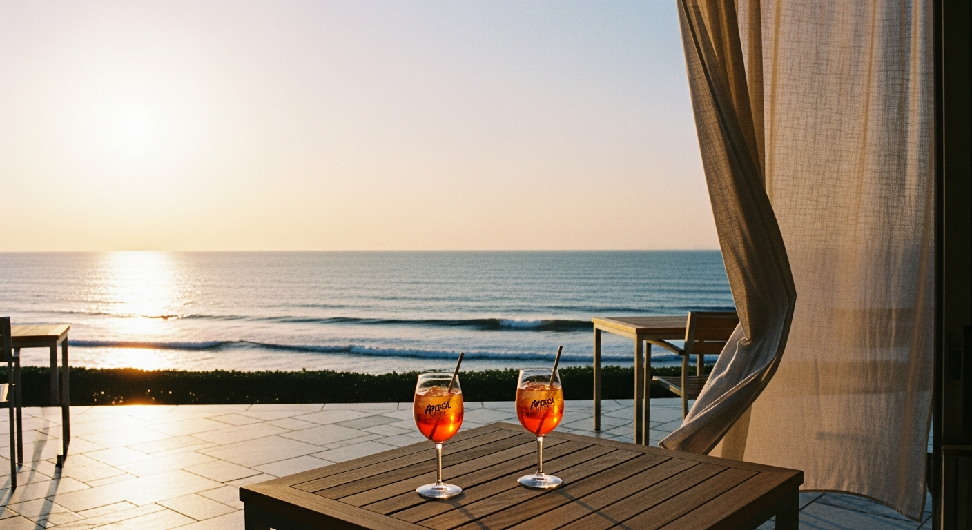夕暮れのテラス、海を背景に置かれた一杯のスプリッツ