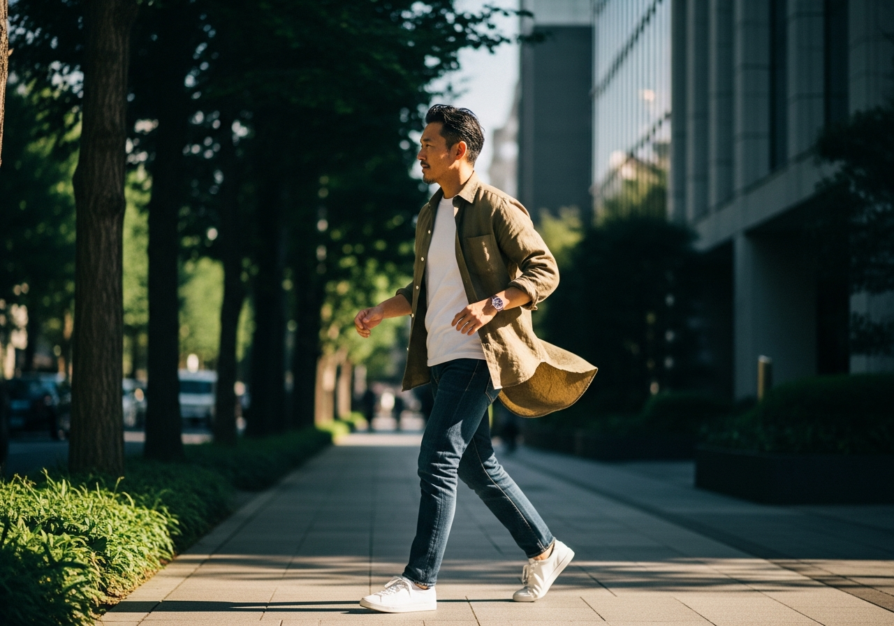 カーキのリネンシャツを着た男性が街を歩くストリートスナップ
