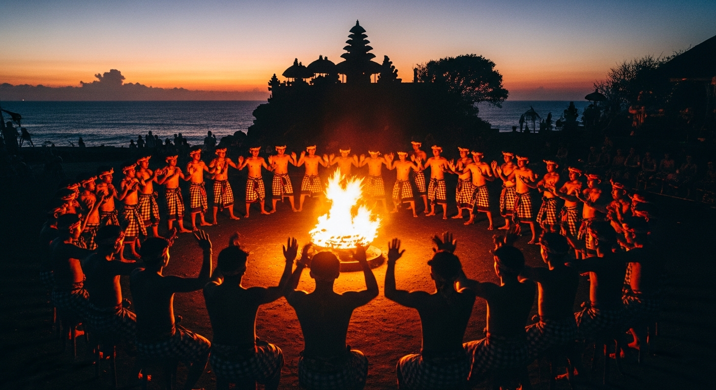 ウルワツ寺院で夕日を背景に行われるケチャダンス
